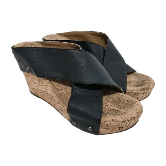 Lucky Brand MyKayla Wedge Cork Platform Studded Heel Sandal Black Sz 7.5 Boho - Picture 1 of 6